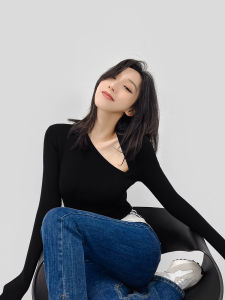 D/Z Shop Womens Asymmetric Shoulder V-Neck Knitwear Long Sleeve Slim Fit Base Layer Sweater Exposed Clavicle Autumn Fashion