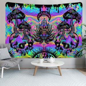 VIKAMA Psychedelic Skull Mushroom Tapestry All-Seeing Eye Neon Gradient Music Party Room Theme Trendy Room Decor