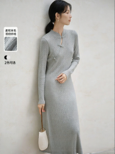 Yigue | Traditional Chinese Style Wool Blend Dress Slim Fit Spring Autumn