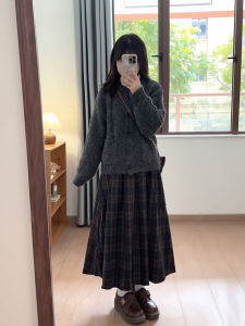 XUECAIQI | Korean Style Elegant Winter Outfit Knit Cardigan Blouse Plaid Skirt Set 3 Pieces
