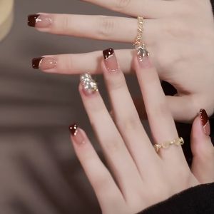 Autumn Winter Handmade Cherry Pure French Style Wearable Nail Art Detachable Medium Long White Enhancing Handmade Beauty Nail