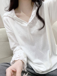 เสื้อยืดคอกลมแขนยาวผู้หญิงสีขาวลายดอกไม้พร้อมฮู้ดสำหรับฤดูใบไม้ผลิและฤดูใบไม้ร่วง สวมใส่สบาย ลำลอง ทรงหลวม เอวสูง