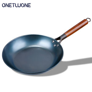 Onetwone กระทะเคลือบมีด้ามจับไม้กระทะแบนกระทะเหล็กจีนแบบไม่ติดหม้ออาหารสำหรับเตาแก๊สและเตาแม่เหล็กไฟฟ้า