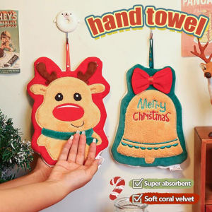 YESPERY Christmas Hand Towel with Hook Super Absorbent Coral Velvet Hand Dry Cloth Cute Santa Claus Hanging Hand Towel Quick Dry