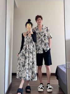 Couples Clothes Summer Shirt Ink Painting Print Slip Dress Dress Loose Seaside Beach Vacation Style One-Piece Dress