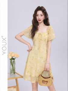 YOUXIANG | Đầm Dáng A Cao Cổ In Hoa Tay Ngắn Elegance