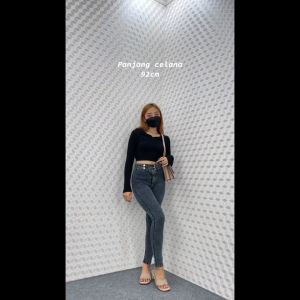 Bellzshop Celana Highwaist Wanita Jeans Skinny Stretch Korean Style Snow Black Jumbo Premium Luna