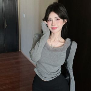 เสื้อยืดถักคอขนสัตว์ทรงสลิมฟิตสำหรับผู้หญิง ฤดูใบไม้ร่วง/ฤดูหนาว เสื้อชั้นในทรงเข้ารูป เสื้อเชิ้ตแฟชั่น เสื้อผ้าทำงาน สีสันสดใส