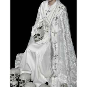 Elegant White Gothic Lolita Dress with Cloak New Year Greeting Cosplay Uniform Natural Waist Polyester High Elastic Long Sleeve
