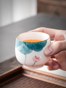 Chinese Retro Style Ceramic Tea Cup Single Cup Glazed under Color Zen Meditation Lotus Flower Pattern Living Room Tea Drinking Cup