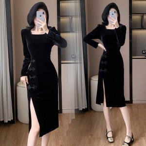 ทันสมัย แขนยาวกํามะหยี่ เดรส แยกอาชีพ เสื้อผ้าผู้หญิง คุณภาพสูงวินเทจ ผ้าไหม กํามะหยี่ความยาวกลางสาย เดรส