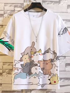 Summer Five-Quarter Sleeve T-Shirt Loose Fit Large Size Short Sleeve Top Cat Print Youthful Style Polyester Blend round Neck