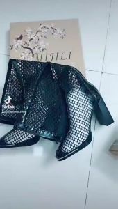 Bốt nữ boot lưới viền da cao cổ gót 9p mũi nhọn sắt Ana QC