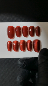 cateye artificial nail dark red color cat-eye gel press on nail short oval shape artificial nail handmade press on nail