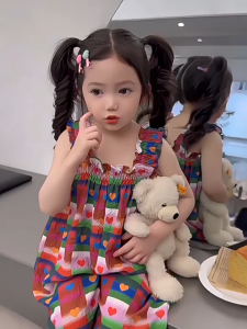 Girls Suspender Jumpsuit Summer 2025 New Kids One-piece Clothing Thin Wide-leg Pants Color-block Casual Pants