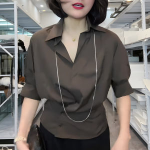 Fashionable Coffee Colored V-Neck Shirt Womens plus Size Slimming Waist Design Summer New Style Korean Loose Fit Casual Top