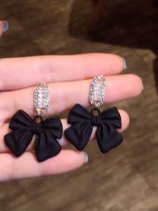good 999 18K GOLD Fashion Black Crystal Bow Personalized Luxury Big Earrings ES69136