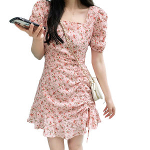 French Floral Short Sleeve Dress Womens Summer Mini Korean Square Neck Chiffon Puff Sleeve Short Skirt