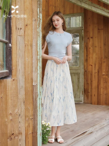 XIANGYING | Blue Floral A-Line Half Skirt High Waist Flattering