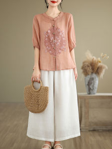New Chinese Style Cotton Linen Embroidered Shirt Women Summer Loose Stand Collar Wide Leg Pants Set Two Piece Set