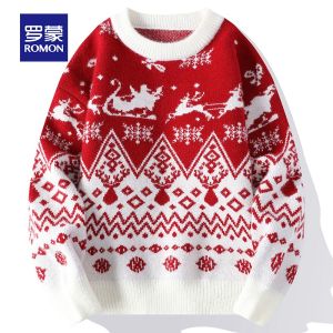 ROMON | Red Knitted Sweater For Men Winter New Style Lucky Dragon Year 2024 New Year Base Layer Trendy Top Fashion Urban Loose Fit Long Sleeve