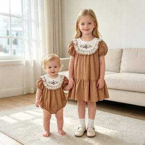 2026 Summer 0-24M Baby Girl Embroidery Collar Bodysuit 2-6Yrs Kid Sweet Party Short Sleeves Dress Brown Sister Dress