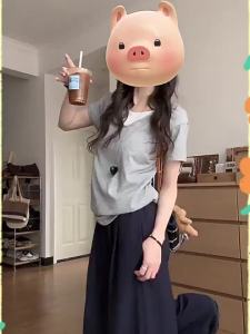 SHUQINGLAI | Fake Two-Piece V-Neck Regular Shoulder Short Sleeve Cotton Loose Fit Slimming Stylish T-Shirt