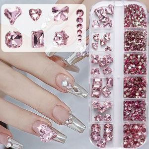 12Grids 3D Sakura Pink Glass Nail Art Rhinestones Mixed FlowerLoveButterflySqaure Flatback Gem Nail Charms DIY Nails Supplies