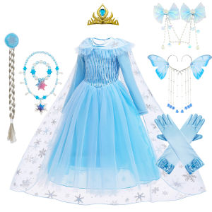 Halloween Elsa Dress For Girls Carnival Cosplay Costume Luxury Fluffy Long Sleeve Princess Frock With Cloak Snowflake Print Gown