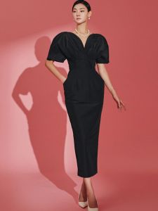 Smart Queen 2025 Autumn Winter Side Pocket Bubble Short Sleeve High Waist Long Slimming Dress Commute OL Style Polyester Fiber