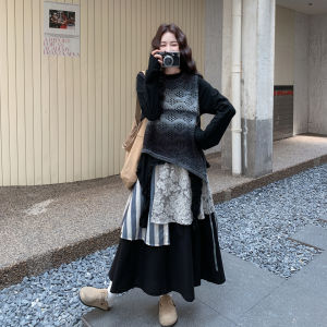 Black Gradient Fashion Set Womens 2025 Autumn New Vest Inner Match Half Skirt Three-piece Set High Waist Long Sleeve round Neck