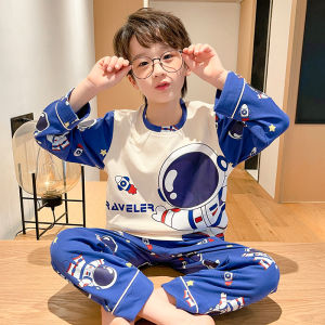 Cotton Children Pajamas Autumn and Winter Long-Sleeved Long Trousers Boys Combed Cartoon Pajamas Two-Piece Round Neck Kids Home