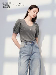 3COLOUR·S | Round Neck Sparkling Puffed Sleeve Blouse