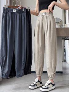 Ice Silk Cotton Lin Trousgens Slim Fit Casual Style Womens Summer Sport Pants Korean Version Button Detail High Waist Nine Inches