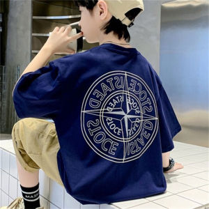 เสื้อยืดแขนสั้นพิมพ์ลายผ้าฝ้ายสําหรับเด็กผู้ชายหลวมพอดีสไตล์ลําลองตัวอักษรรูปแบบเสื้อผ้าฤดูร้อนสําหรับเด็ก