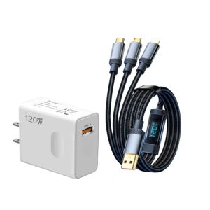 Super Fast Charge 120W Intelligent Digital Display Three-In-One Data Cable for Apple iPhone 15 16 Huawei Xiaomi OPPO Samsung Vivo Honor Charging Line One-To-Three