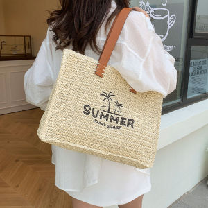 Large Capacity Straw Woven Tote Bag Womens Summer 2025 New Style Beach Vacation Handbag Shoulder Bag Korean Style Casual Bag