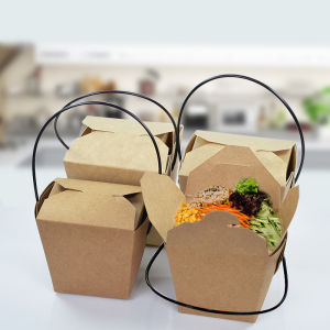 Disposable Kraft Paper Square Base Food Container with Handle Takeout Box for Restaurant Delivery Green Ring Brand