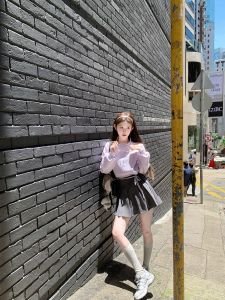 Chi Umbrella 24/FW Walk HK Cream Purple Shoelace Embroidered Sweater & Pleated Mid-Length Dress Set Cotton Girlish Style