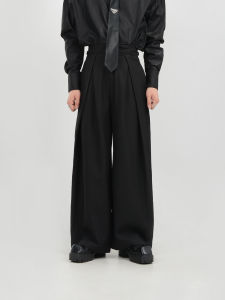 Black Mens Straight Leg Pants LUCE GARMENT Drapey Crease Design Waist-Cinching Loose Wide Leg Trousers Casual Youth Style