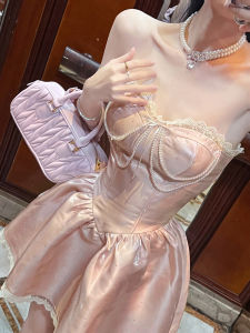 Pink Princess Strapless Dress Womens High Waist French Style Puffy Skirt Birthday Evening Gown Sweet And Spicy Style