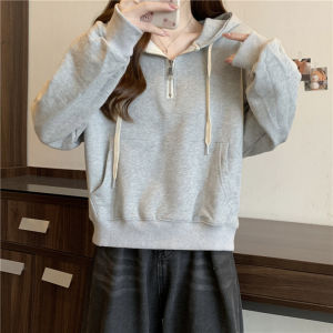 Womens Long Sleeve Hoodie Spring Autumn Thin Loose Short Zipper Half Pull over Top Korean Style Commute Pure Color Polyester Cotton Blend