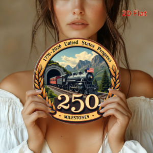 2D Flat Metal Sign 1776-2026 America Progress Train & Mountains 250 Milestones Vintage Americana Round Shape Home Decor Offi