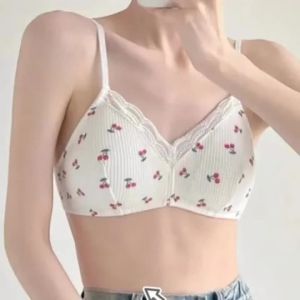 Korean Simple Lace Cherry Print Seamless Girls Bra Cute Gathered Thin Breathable Bra Wire Free Elastic Comfortable Bra Lingerie