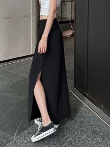 Suit Skirt Womens Black Long Side Slit Dress Summer Thin Drape Straight Skirt High Waist Slimming Dress