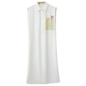 ชุดเดรสแขนกุดผู้หญิง Amii2025 ฤดูร้อนใหม่ คอตั้ง ลายการ์ตูน แขนกุด ทรง H ทรงหลวม กระโปรงทรงเดรส