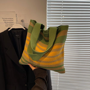 Graduated Rainbow Stripes Knitted Tote Bag Womens Underarm Large Capacity Handheld Shoulder Bag Fashionable 2025 New Style