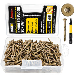 200Pcs #8 x 1-1/2" Brown Knurled Wood Screws T25 Star Drive Flat Head Self-Tapping Deck Screws Rust Resistant with T25 Bit