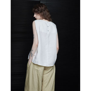 White Moment Linen Sleeveless Vest Womens Summer 2024 Loose Design Trendy Outerwear Button Detail Street Style Pure Color