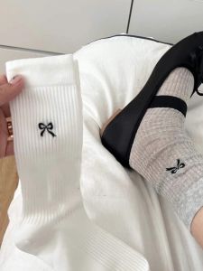 Grey Womens Mid-Calf Thin Socks Summer Style Butterfly Knot Ballet INS New 2024 Spring Cotton Polyester Shape Leggings